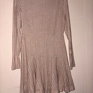 Cupshe Long Sleeve Ribbed Fit-and-Flare Dress in Light Beige